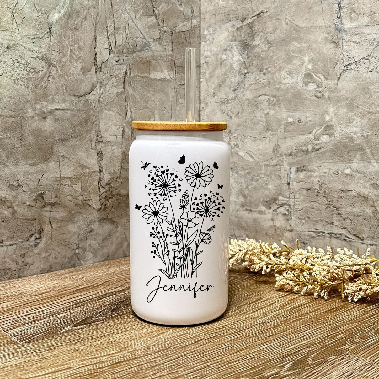 Personalized Floral Glass Can