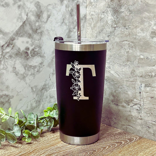 Personalized Engraved Coffee Tumbler With Floral Monogram