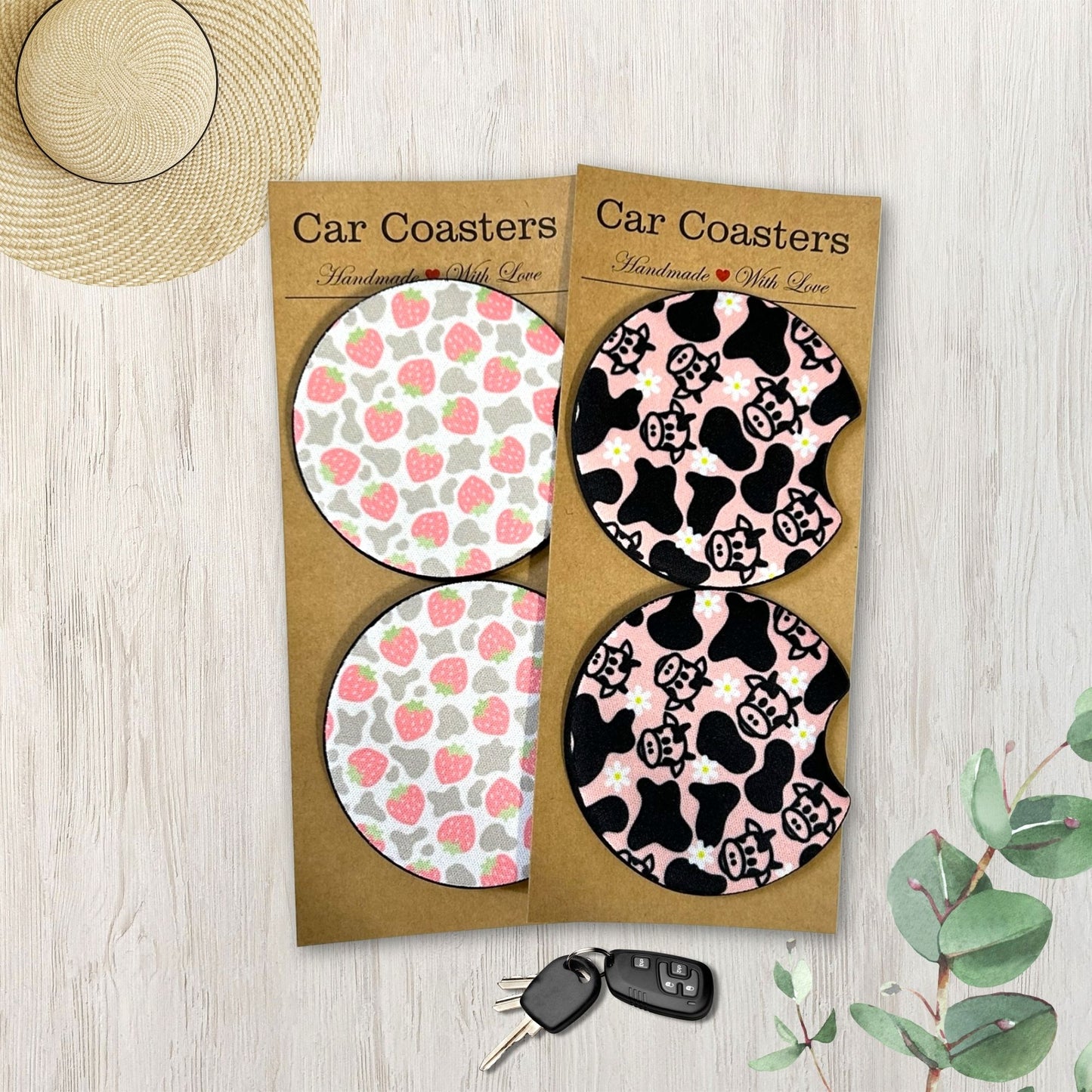 Strawberry Cow Print Car Coasters