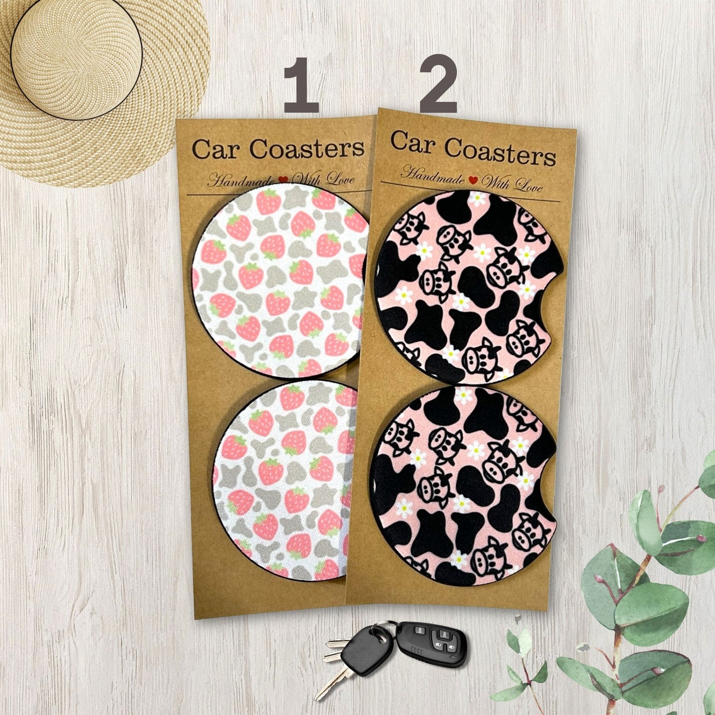 Strawberry Cow Print Car Coasters