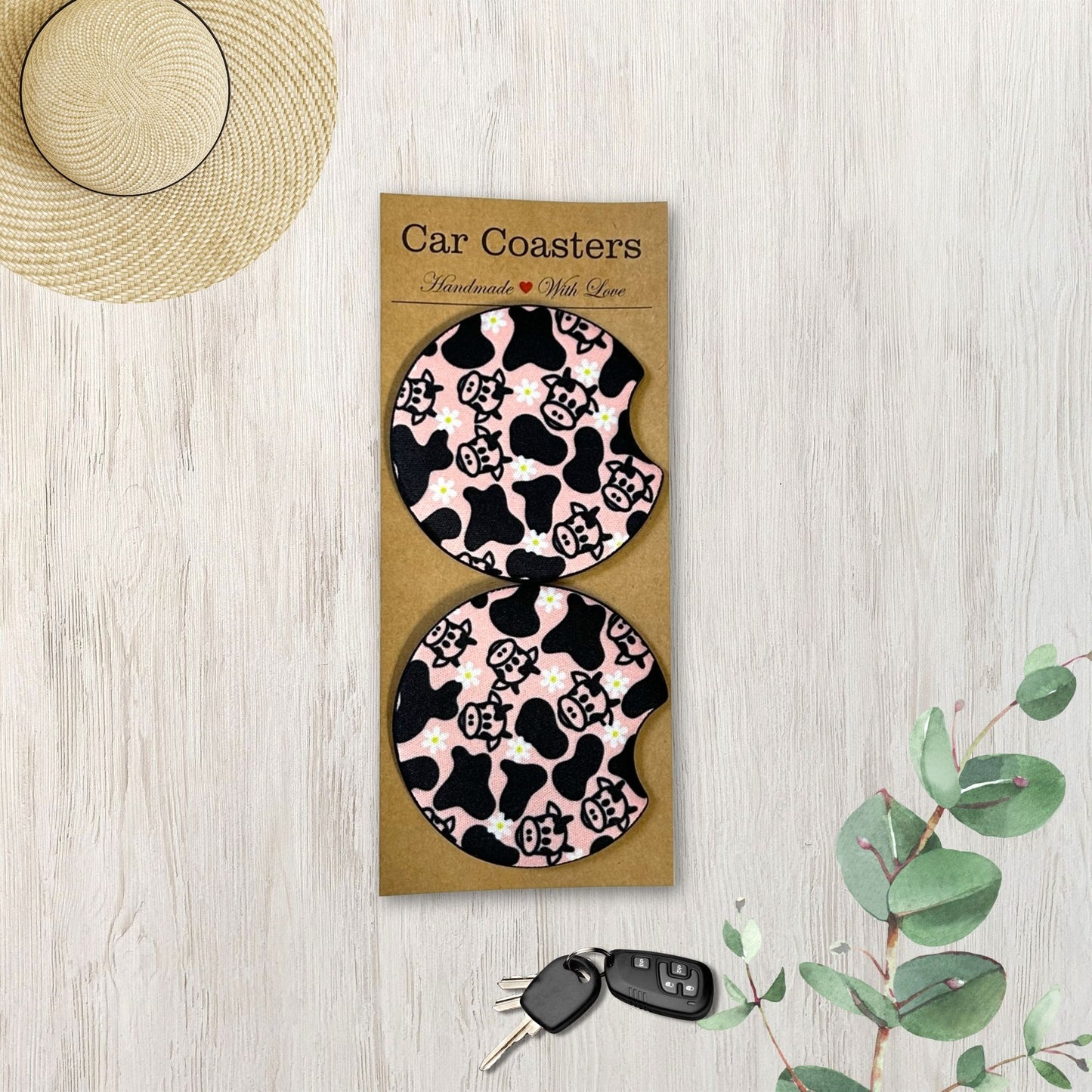 Strawberry Cow Print Car Coasters