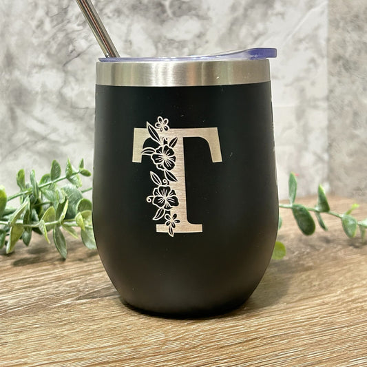 Custom Enrgaved Wine Tumbler With Floral Monogram Initial