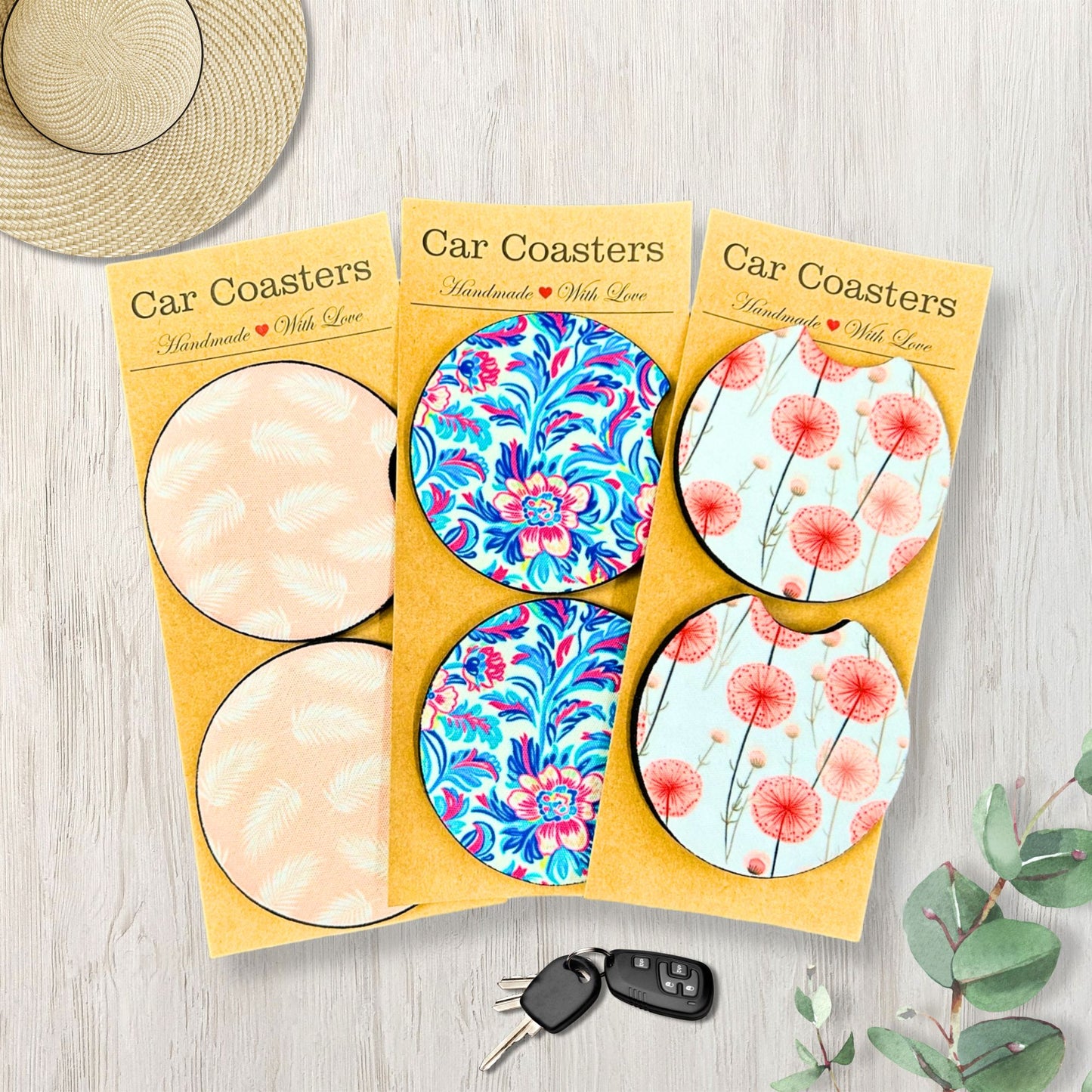 Floral and Feather Car Coasters