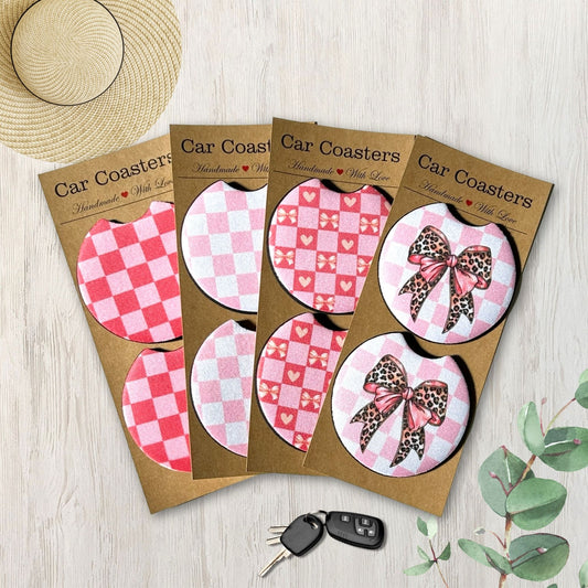 Pink Checkers and Coquette Bows Car Coasters