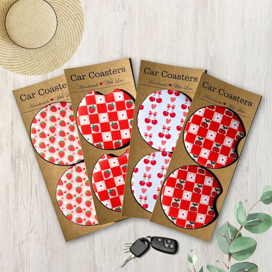 Strawberry Cherry Checkered Car Coasters