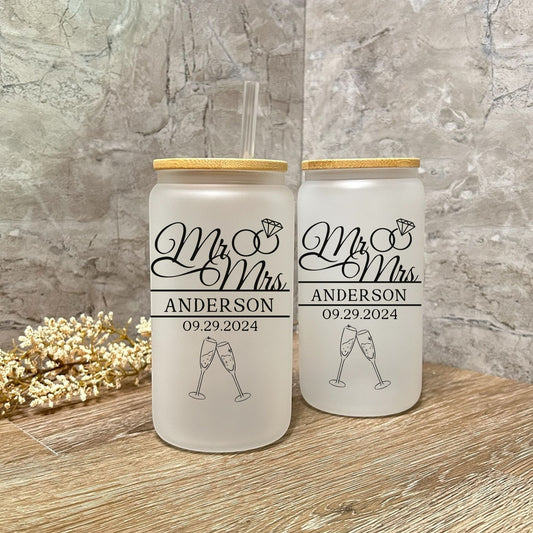 Wedding Matching Glass Cans For Mr & Mrs Gift Set of 2